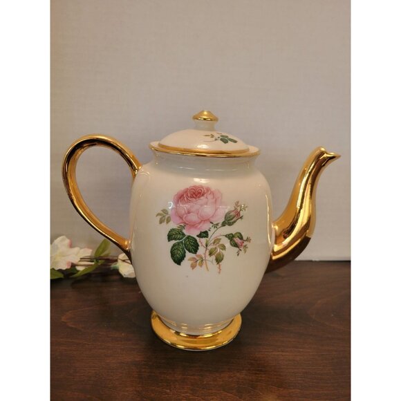 Vintage Kingwood China USA Rose Floral Coffee Teapot & Lid With Gold Trim 7" - Picture 2 of 8